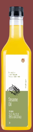 A bottle of cold-pressed sesame oil with a label showing the product name and a brief description.